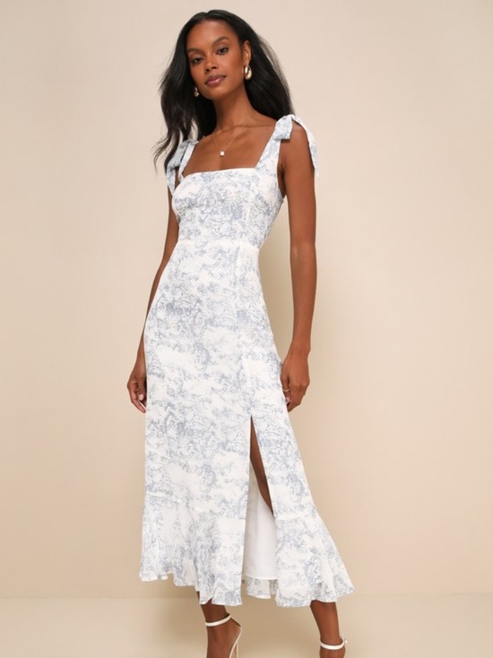 Lulus Dresses & Skirts - Lulus Summer Invite White And Blue Toile Tie-strap Tiered Midi Dress - Size L